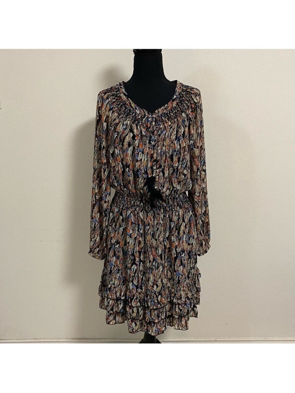 Scully black feather LS ruffle dress Size Small
